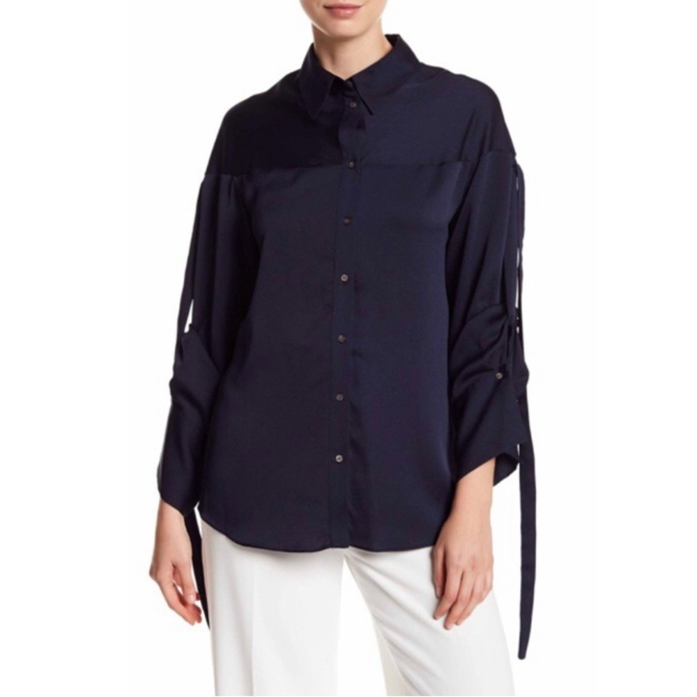 Vince Camuto French Navy Sash Tie Sleeved Silky Blouse Size Large